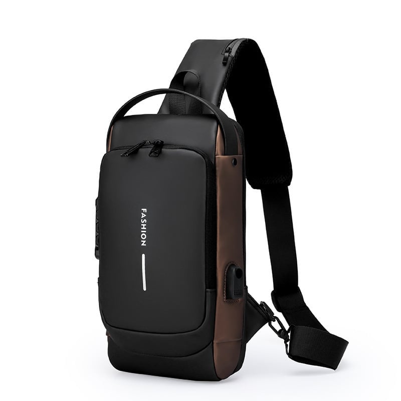 Black and brown anti-theft crossbody sling backpack with reflective stripe and padded shoulder strap