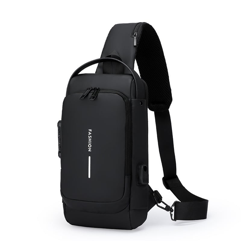 Black single-strap crossbody backpack with reflective white stripe and multiple compartments, isolated on white background